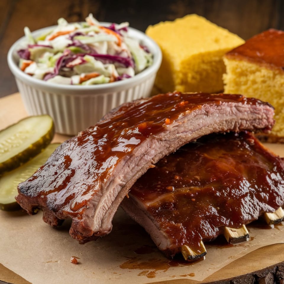 Two racks of BBQ ribs with coleslaw, cornbread, and pickles on a wooden board.