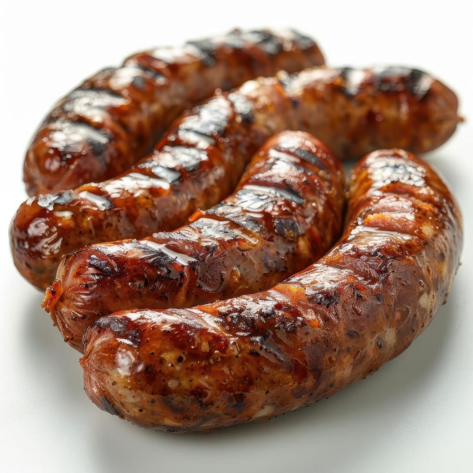 Four glistening, grilled sausages with char marks, arranged on a white surface.